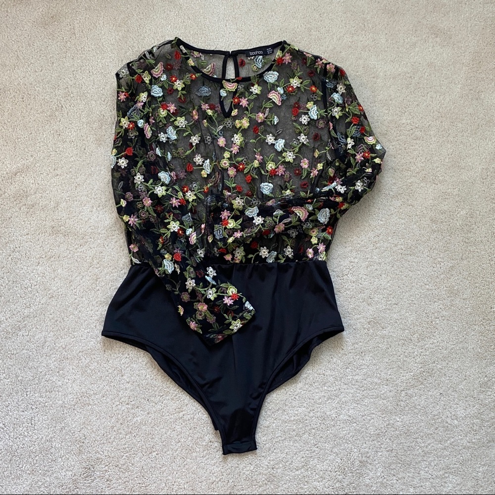 Boohoo sheer floral bodysuit size XL